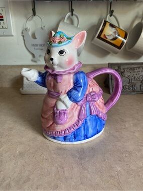 Vintage 90s Enesco Victorian Bunny Ceramic DecorTeapot Rabbit Kettle Cottage